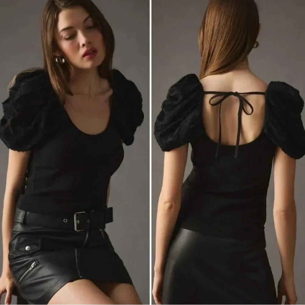 Anthropologie, New, Maeve Black Draped Puff Sleeve Rib Knit Stretch Top, XL